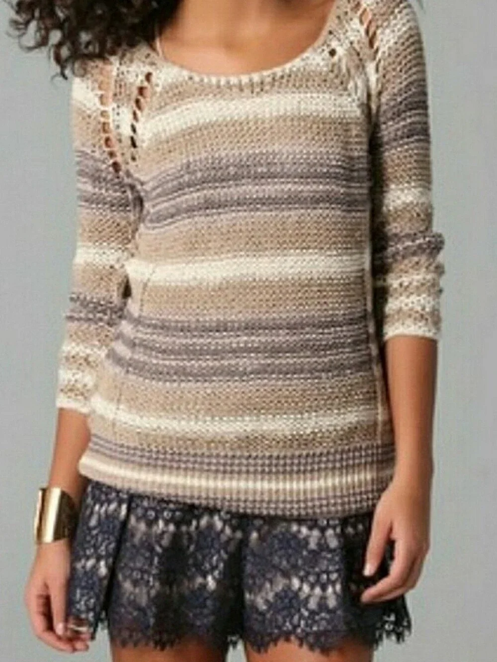Free People Desert Moon Sweater Sand Striped Open Knit Pullover Wide Neck MEDIUM